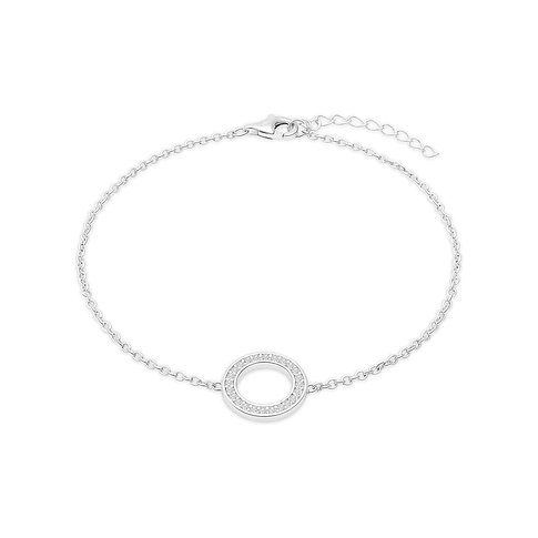 s.Oliver Armband aus Silber mit einem runden Anhänger, besetzt mit Zirkonia, liegend auf einem weißen Hintergrund.