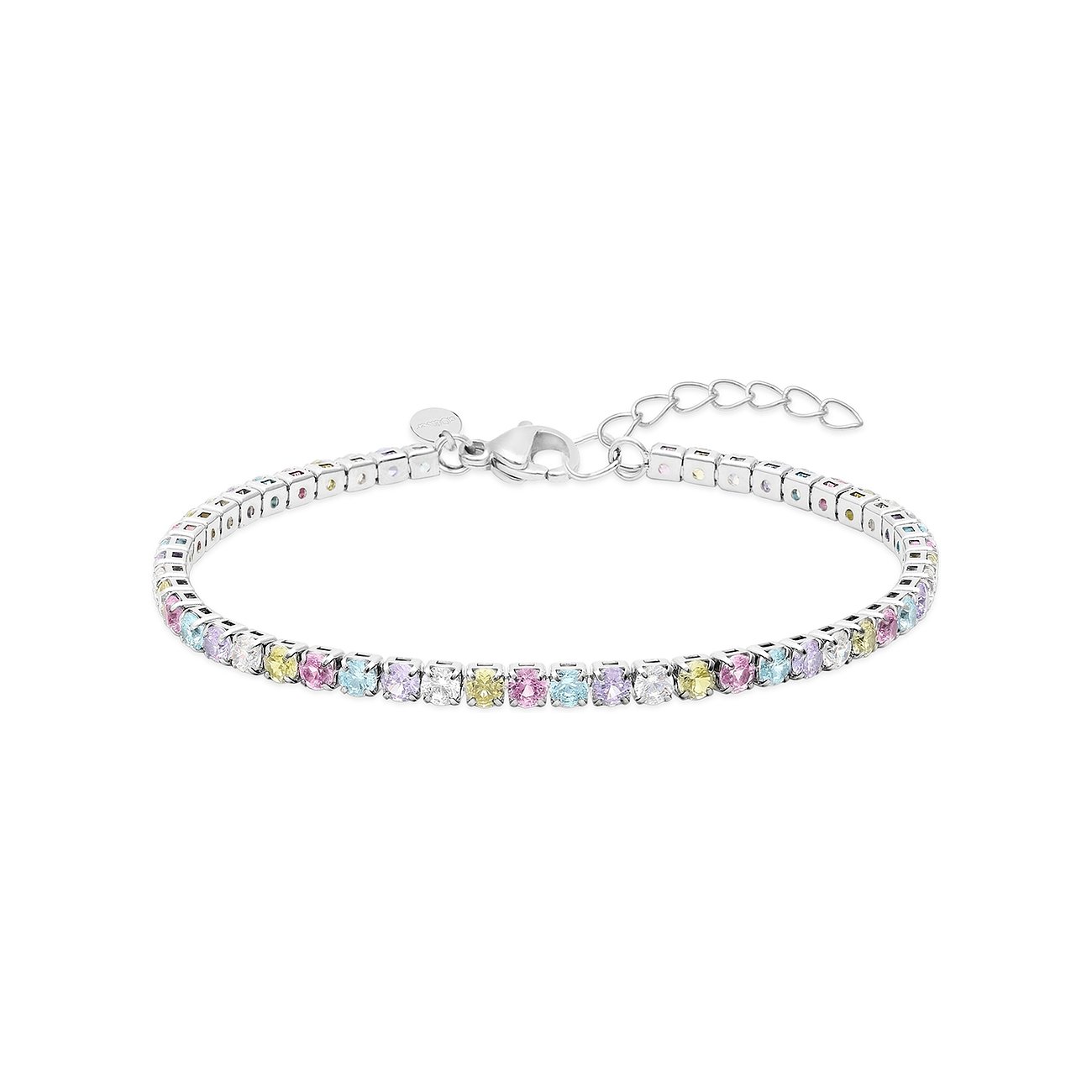 Bijou de bras s.Oliver en acier inoxydable avec pierres de zircone colorées, isolé sur fond blanc.
