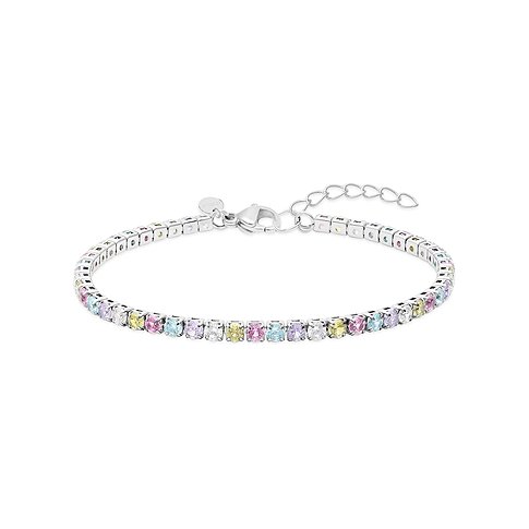 s.Oliver Armschmuck aus Edelstahl mit bunten Zirkonia Steinen, freigestellt auf weißem Hintergrund.