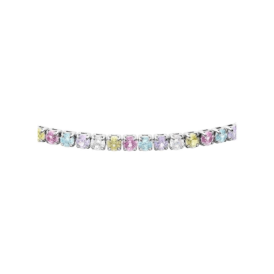 Bracelet s.Oliver en acier inoxydable avec des pierres de zircone arquées et multicolores sur fond blanc.