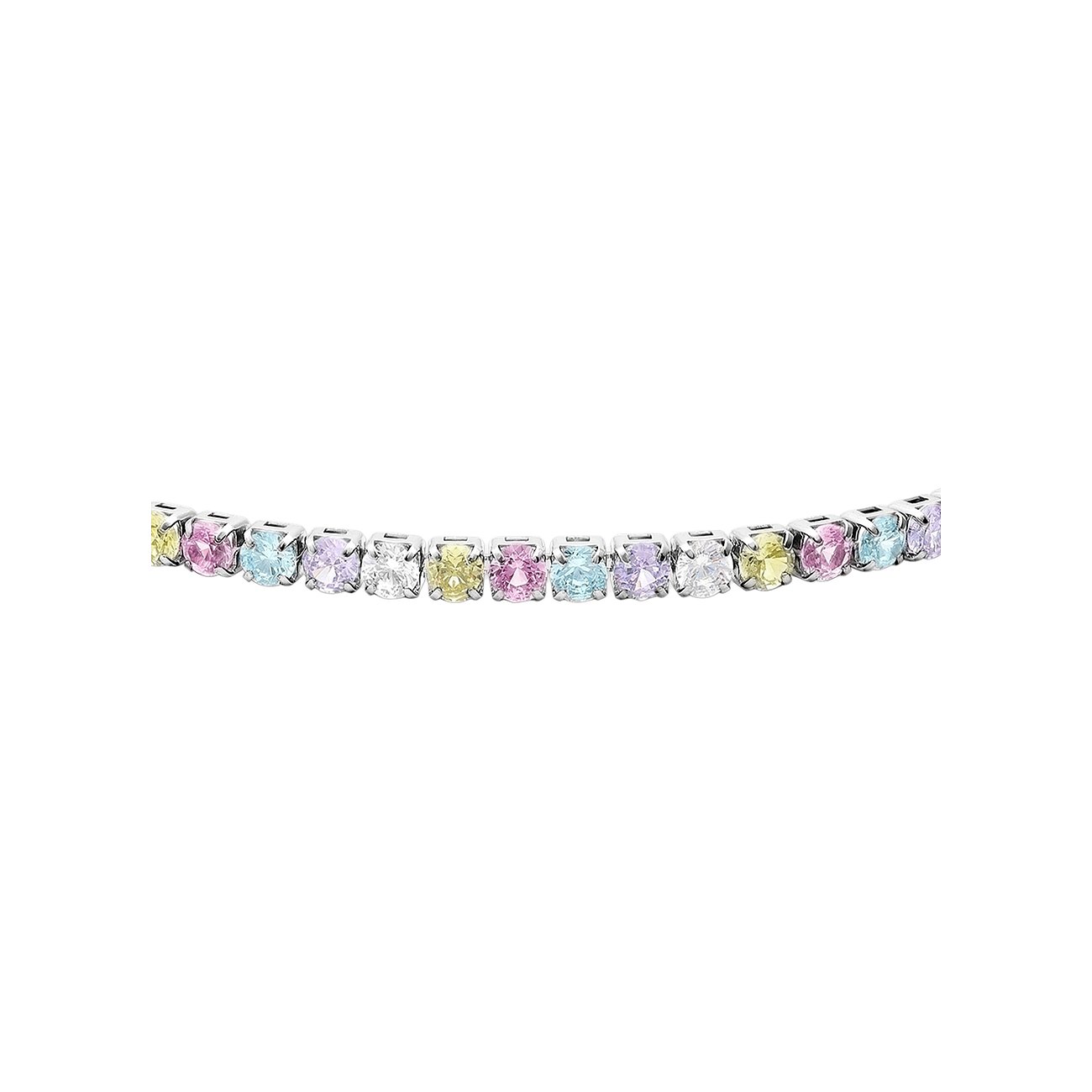 Bracelet s.Oliver en acier inoxydable avec des pierres de zircone arquées et multicolores sur fond blanc.