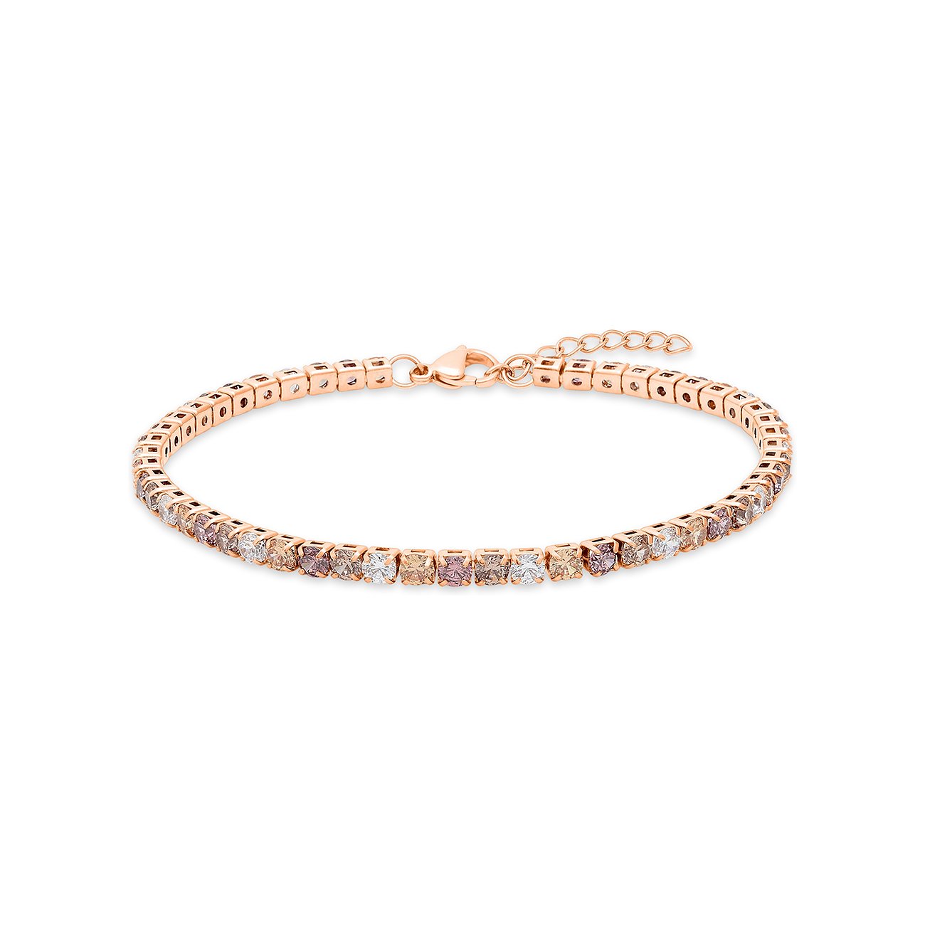 Ein s.Oliver tennis Armband aus rosévergoldetem Edelstahl mit einer Reihe bunter Zirkonia Farbsteine.