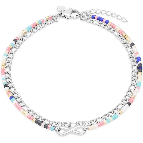Bracciale s.Oliver in acciaio inossidabile con perle multicolori e simbolo dell'infinito al centro.