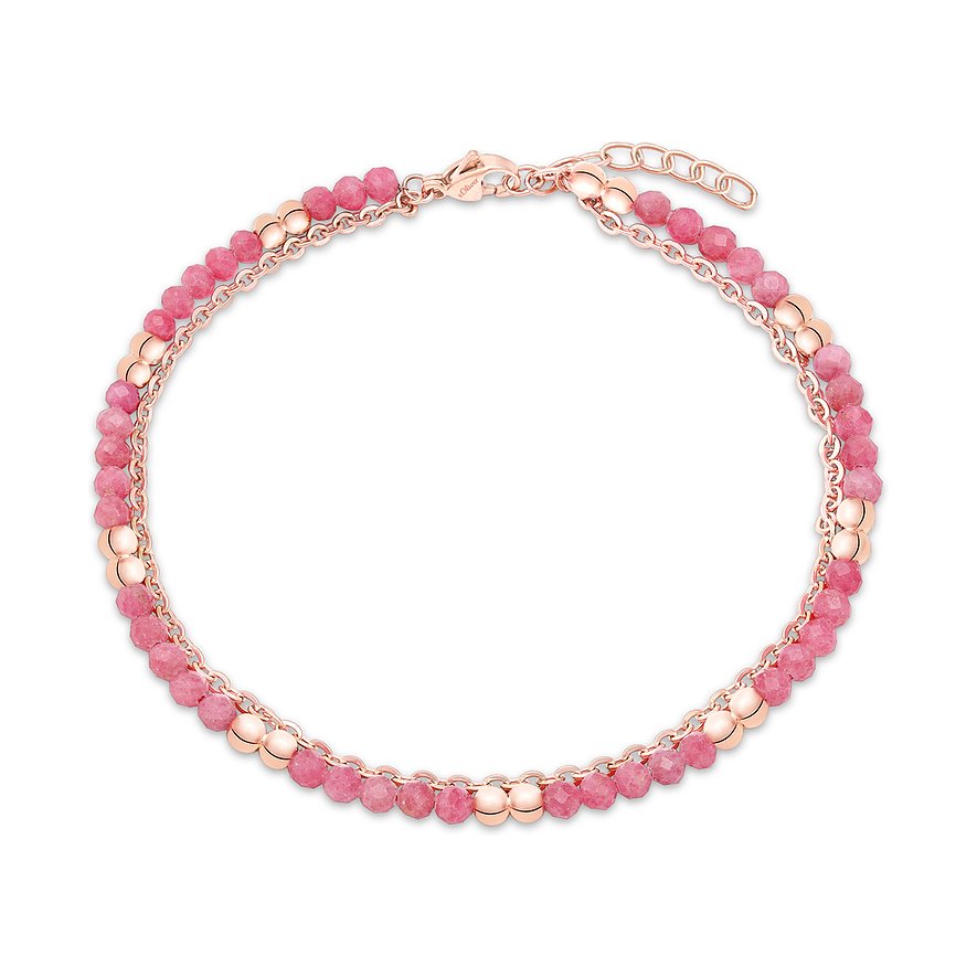 s.Oliver Armband aus roségoldenem Edelstahl mit zwei Reihen facettierter rosafarbener Farbsteinperlen und einer Kette.