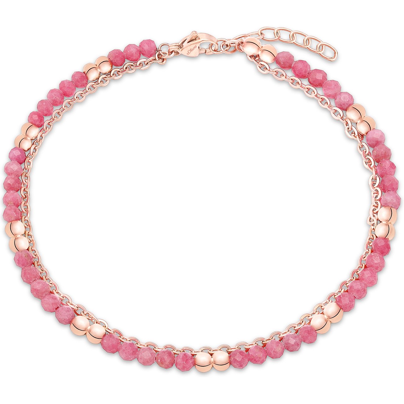 s.Oliver Armband aus roségoldenem Edelstahl mit zwei Reihen facettierter rosafarbener Farbsteinperlen und einer Kette.