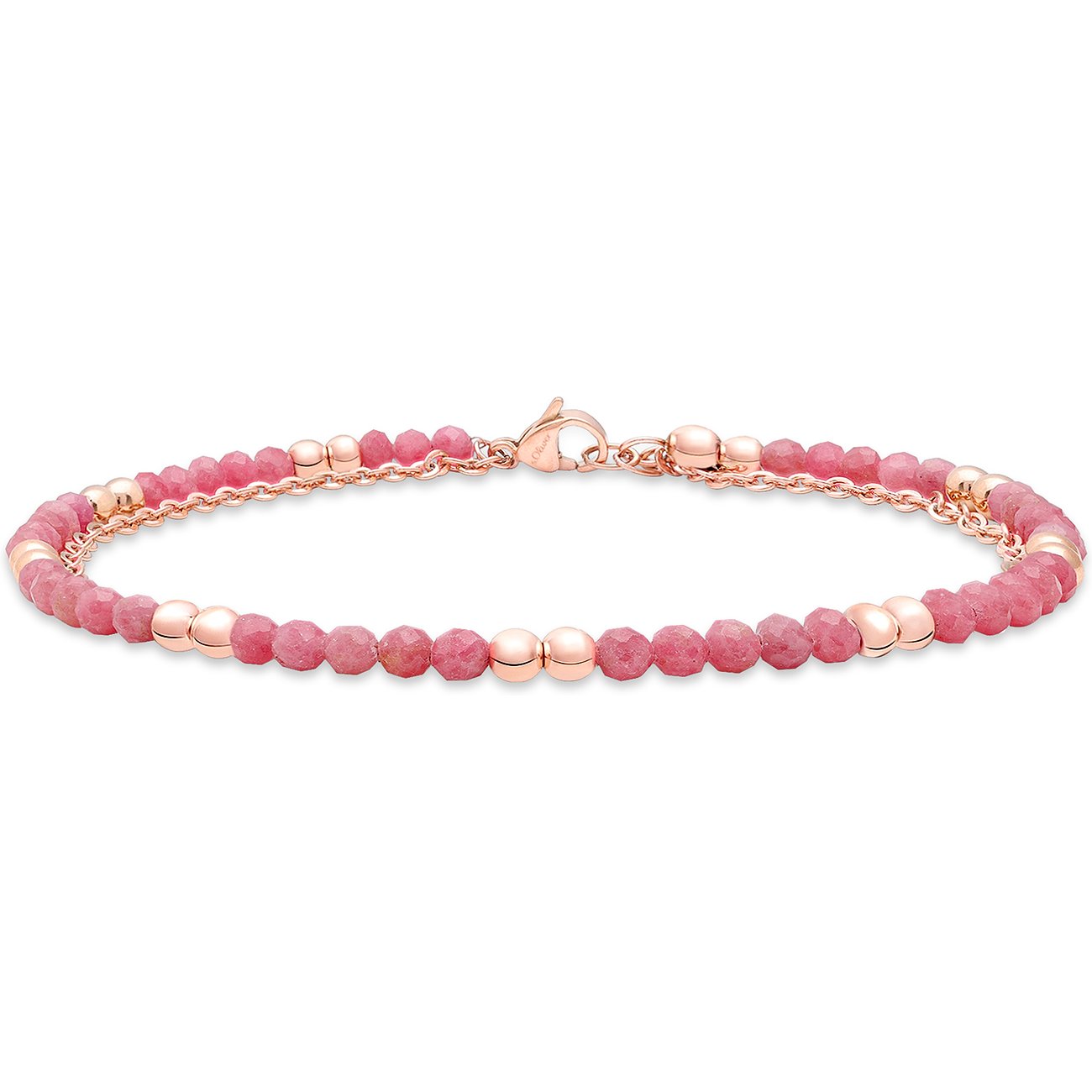 s.Oliver Armband aus roségoldfarbenem Edelstahl und facettierten rosa Farbsteinen, vordere Ansicht.