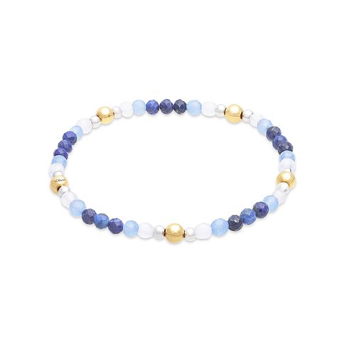 s.Oliver armbånd i rustfrit stål med facetslebne farvede sten i blå, lyseblå og hvid samt gyldne kugler.