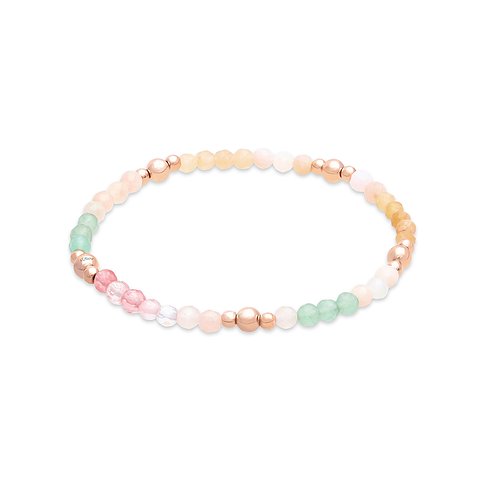 s.Oliver Armband aus Edelstahl mit roségoldfarbenen Kugeln und facettierten Farbsteinen in mehreren Pastelltönen.