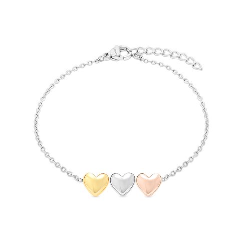 Bracelet s.Oliver en acier inoxydable brillant avec trois cœurs en or jaune, argent et or rose.