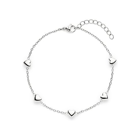 Bracelet s.Oliver : délicat bracelet en acier inoxydable avec cinq petits cœurs brillants, présenté ouvert en cercle.