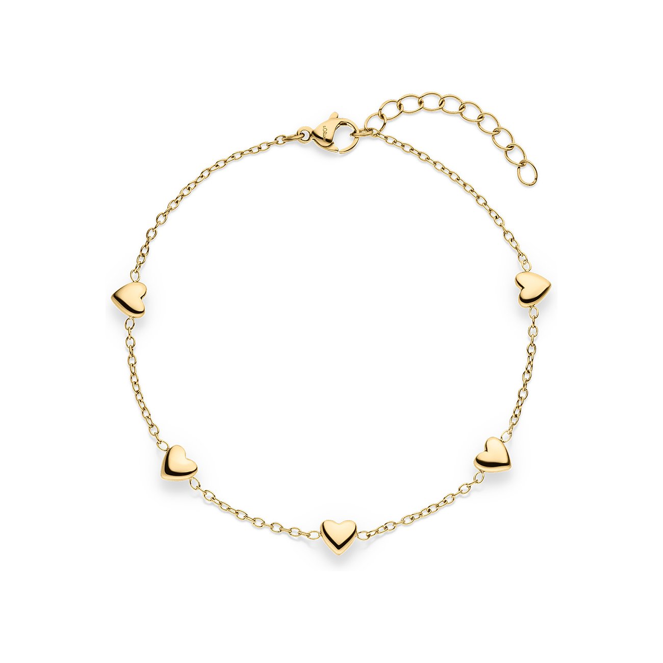 Bracelet s.Oliver en acier inoxydable plaqué or jaune avec cinq breloques cœurs délicates, à plat sur fond blanc.