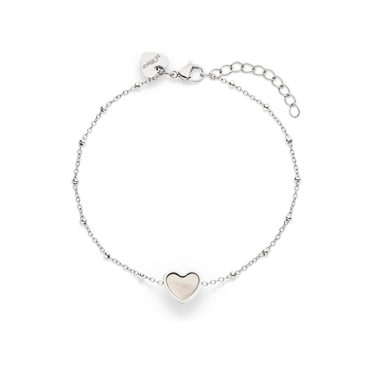 s.Oliver Armschmuck aus Edelstahl mit Kette aus kleinen Kugeln und einem Herz-Anhänger aus perlmuttfarbenem Stein.