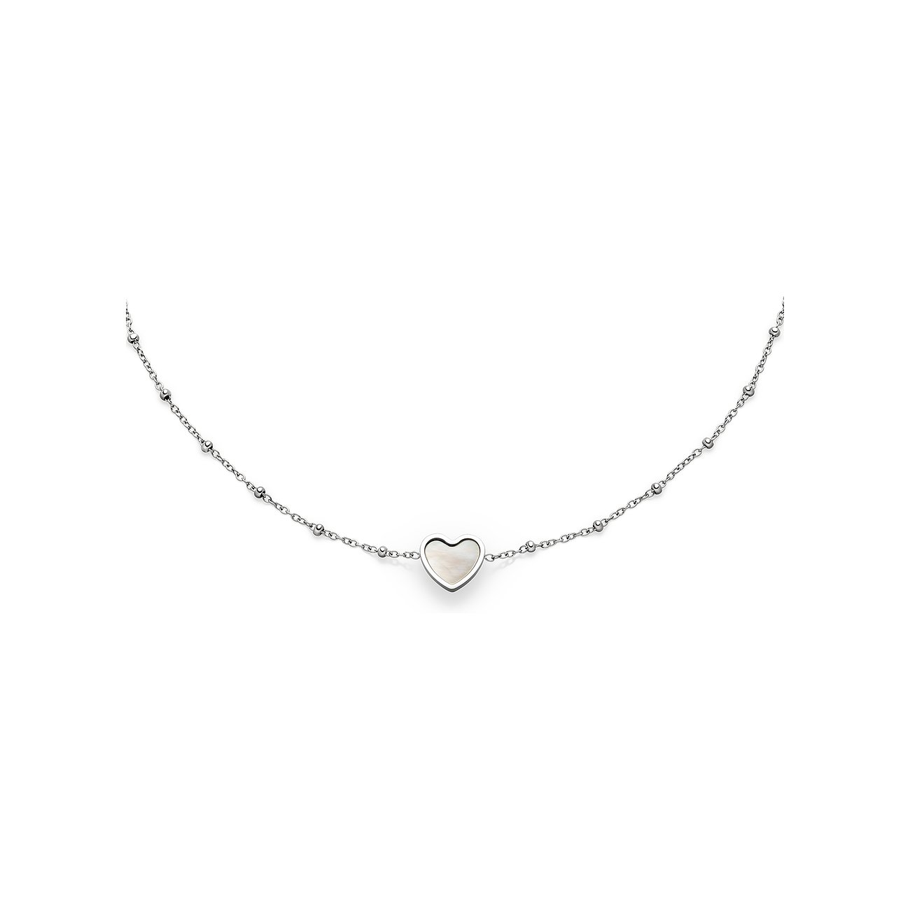s.Oliver Armschmuck aus Edelstahl mit einem perlmuttfarbenen Herzanhänger in der Mitte der Kette.