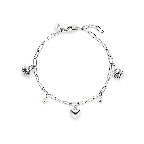 Bracelet s.Oliver en acier inoxydable brillant avec pendentifs coquillage, soleil, cœur et petites perles blanches.