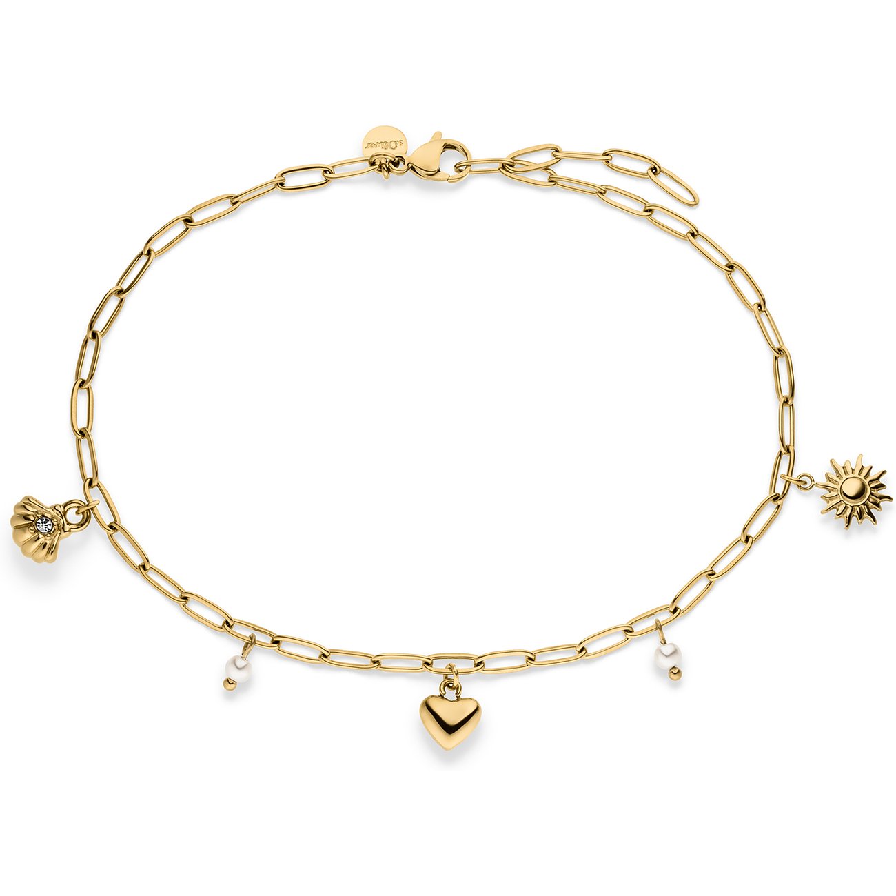 s.Oliver Armband aus goldfarbenem Edelstahl mit Herz-, Muschel- und Sonnenanhängern sowie Perlen-Details.