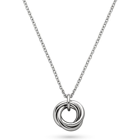 s.Oliver halsband i rostfritt stål med ett hänge av tre glänsande, sammanflätade ringar.