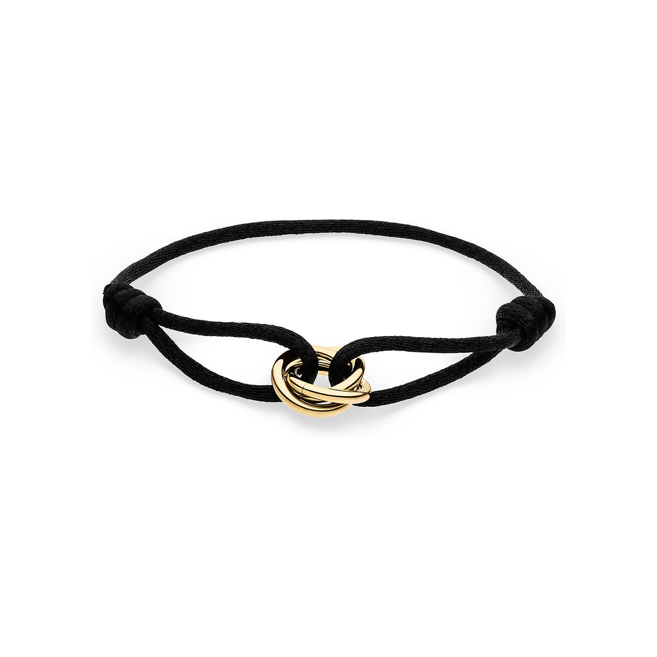 s.Oliver Armschmuck: Schwarzes Textilarmband aus Textil und Edelstahl, mit drei ineinandergreifenden Ringen.