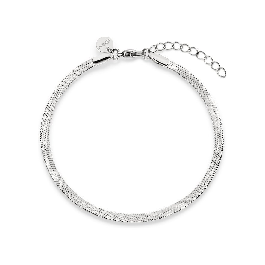 s.Oliver Armschmuck aus Edelstahl, ein flaches Schlangenketten-Armband in Silber auf weißem Hintergrund.