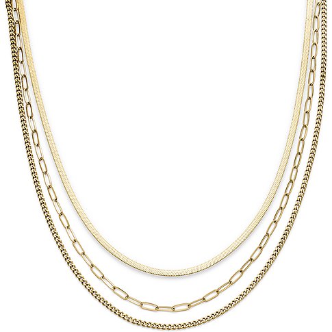 s.Oliver halskæde i guldfarvet rustfrit stål, bestående af tre forskellige, ulige lange kæder.