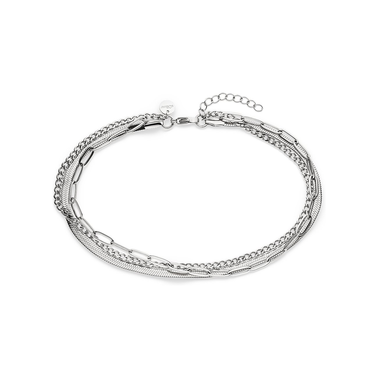 s.Oliver Armschmuck aus Edelstahl: ein mehrreihiges Armband mit verschiedenen Kettenarten und einem Markenanhänger.