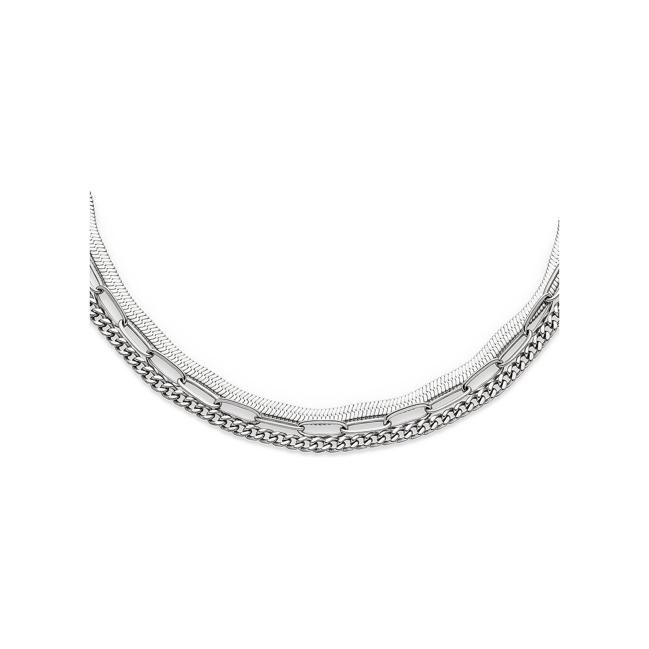 s.Oliver Armschmuck aus Edelstahl, bestehend aus drei filigranen, silbernen Ketten unterschiedlicher Gliederung.