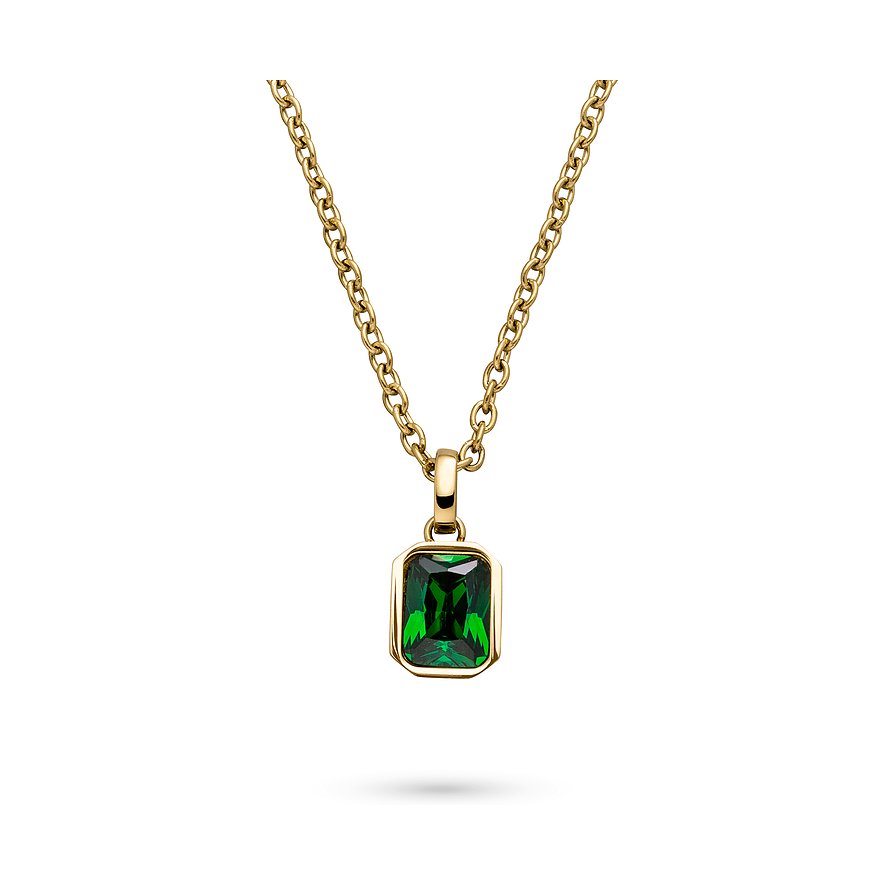 s.Oliver Halsschmuck: goldene Edelstahlkette mit elegantem rechteckigem Anhänger, besetzt mit grünem Zirkonia Farbstein.