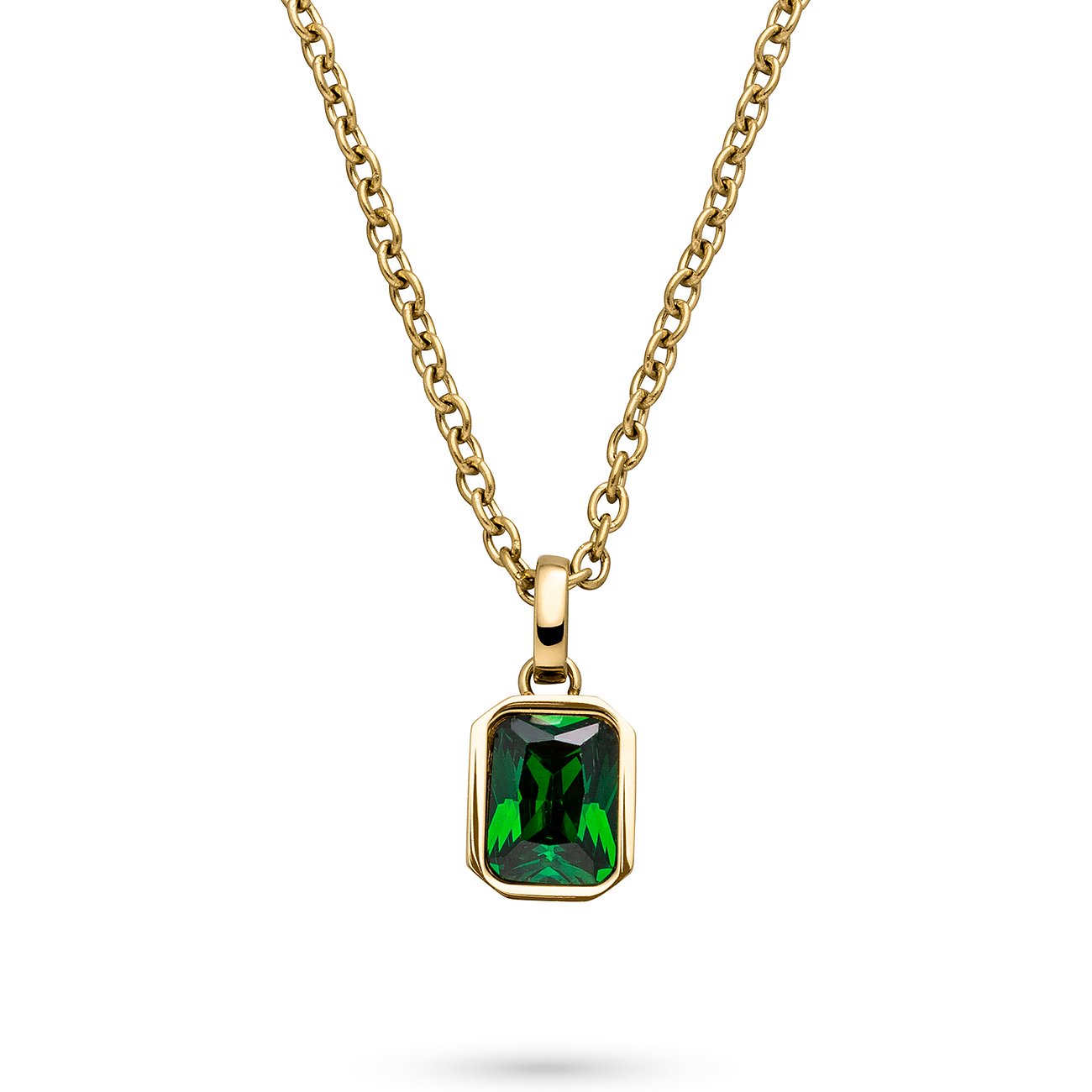 s.Oliver Halsschmuck: goldene Edelstahlkette mit elegantem rechteckigem Anhänger, besetzt mit grünem Zirkonia Farbstein.