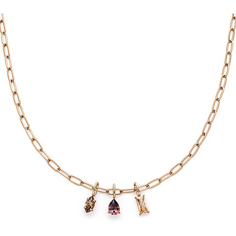 s.Oliver halskæde i rustfrit stål med tre vedhæng besat med farvede zirkonia i forskellige former og farver.