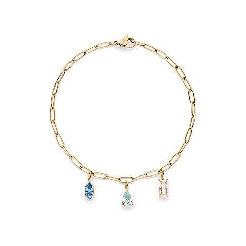 s.Oliver Armschmuck aus gelb-goldenem Edelstahl mit drei verschiedenfarbigen Zirkonia-Anhängern.
