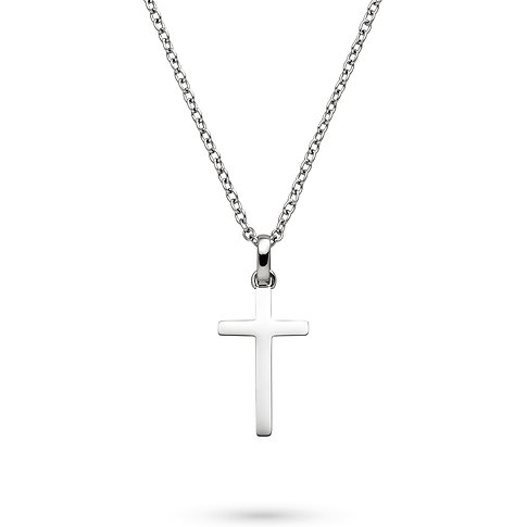 s.Oliver Halsschmuck: Eine silberne Kreuzkette aus Edelstahl hängt auf einem weißen Hintergrund.