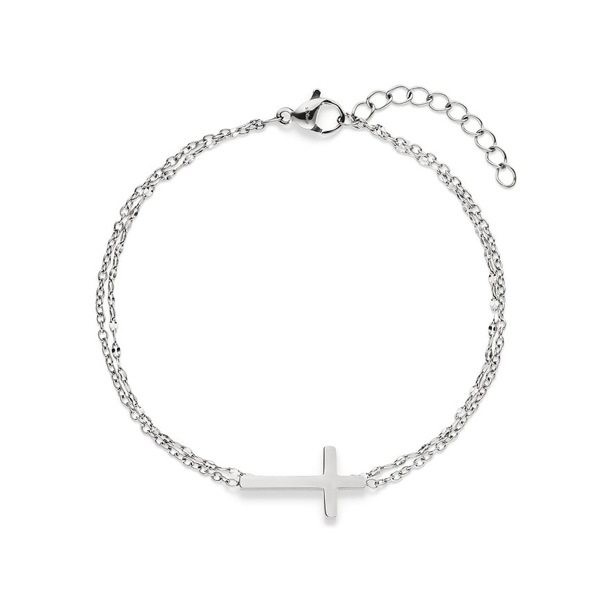 s.Oliver Armschmuck aus Edelstahl, ein doppeltes, silbernes Kettenarmband mit einem seitlichen Kreuzmotiv.