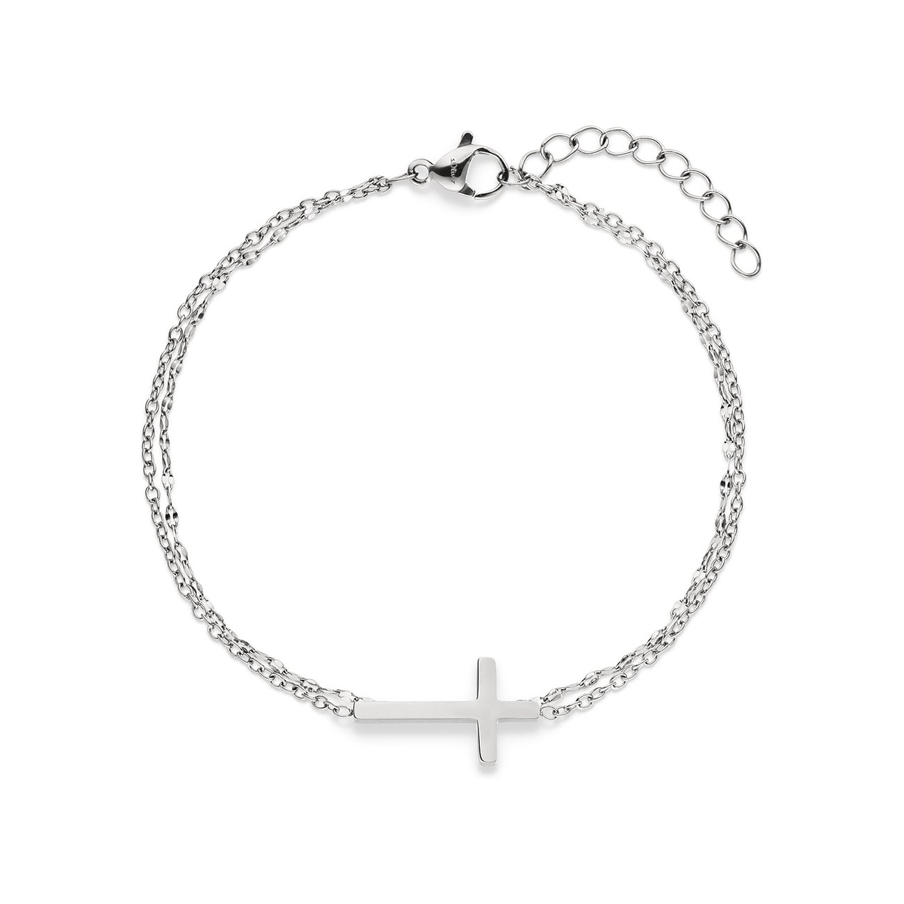 s.Oliver Armschmuck aus Edelstahl, ein doppeltes, silbernes Kettenarmband mit einem seitlichen Kreuzmotiv.