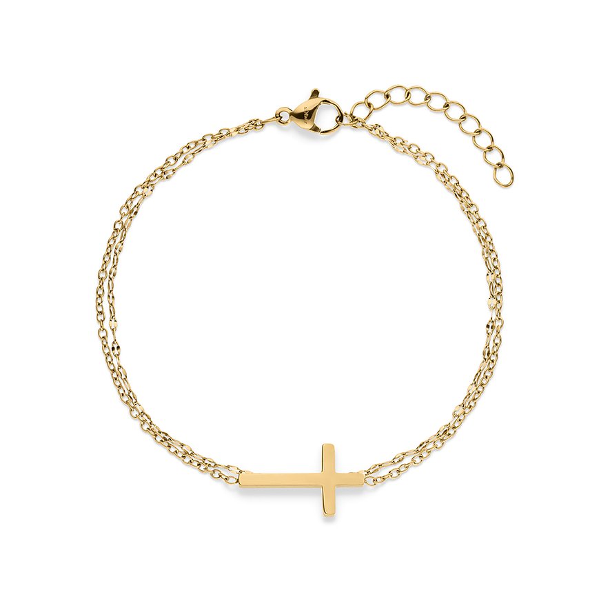 s.Oliver Armschmuck: Goldenes Armband aus Edelstahl mit einem seitlich liegenden Kreuz-Anhänger.