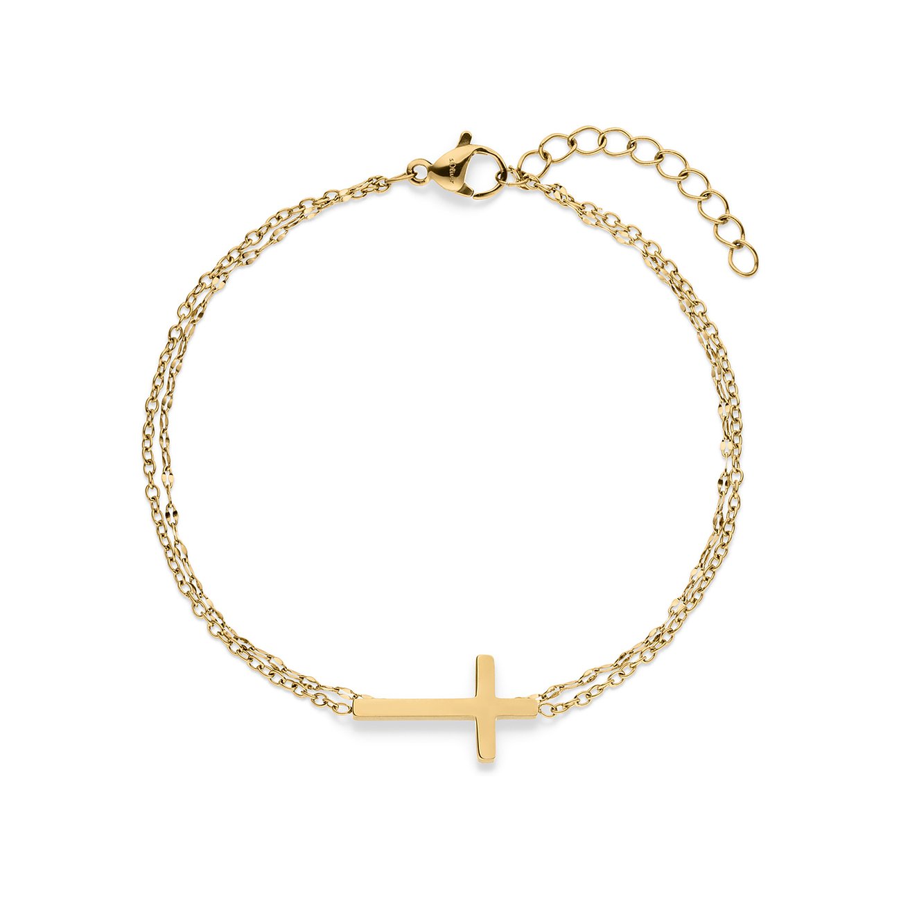 s.Oliver Armschmuck: Goldenes Armband aus Edelstahl mit einem seitlich liegenden Kreuz-Anhänger.