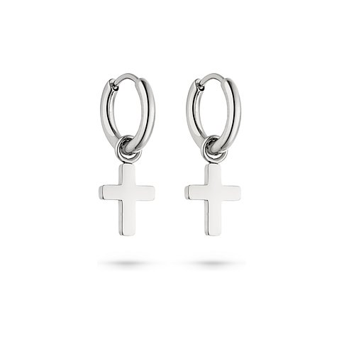 To s.Oliver kreolerringe af glat, skinnende rustfrit stål med korsformede vedhæng på hvid baggrund.