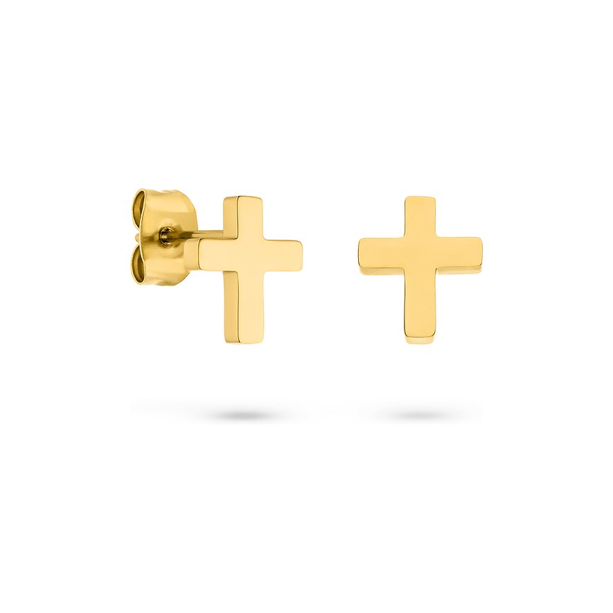 s.Oliver Ohrschmuck aus gelbgoldenem Edelstahl: zwei freigestellte, goldfarbene Kreuz-Ohrstecker von vorne gesehen.