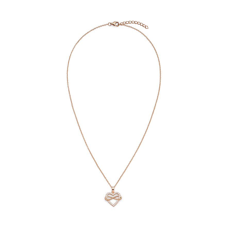 s.Oliver Halsschmuck aus roségoldfarbenem 925er Silber mit Zirkonia, zeigt einen Herzanhänger mit Infinity-Symbol.