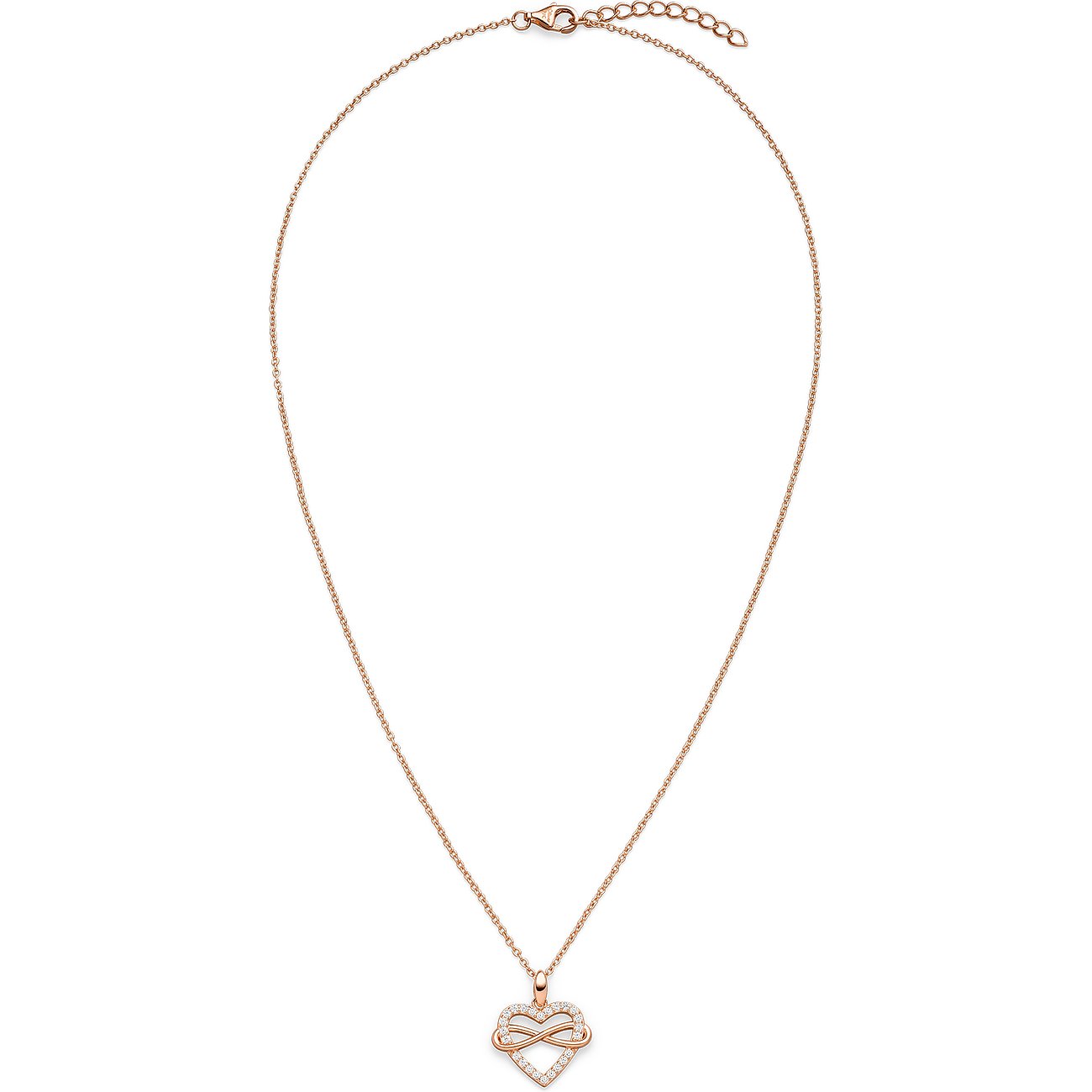 s.Oliver Halsschmuck aus roségoldfarbenem 925er Silber mit Zirkonia, zeigt einen Herzanhänger mit Infinity-Symbol.