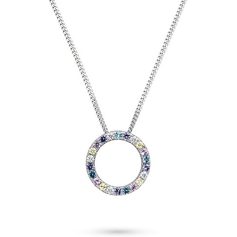s.Oliver halsband i rostfritt stål med cirkelformat hänge, prydd med flerfärgade zirkonia-ädelstenar.