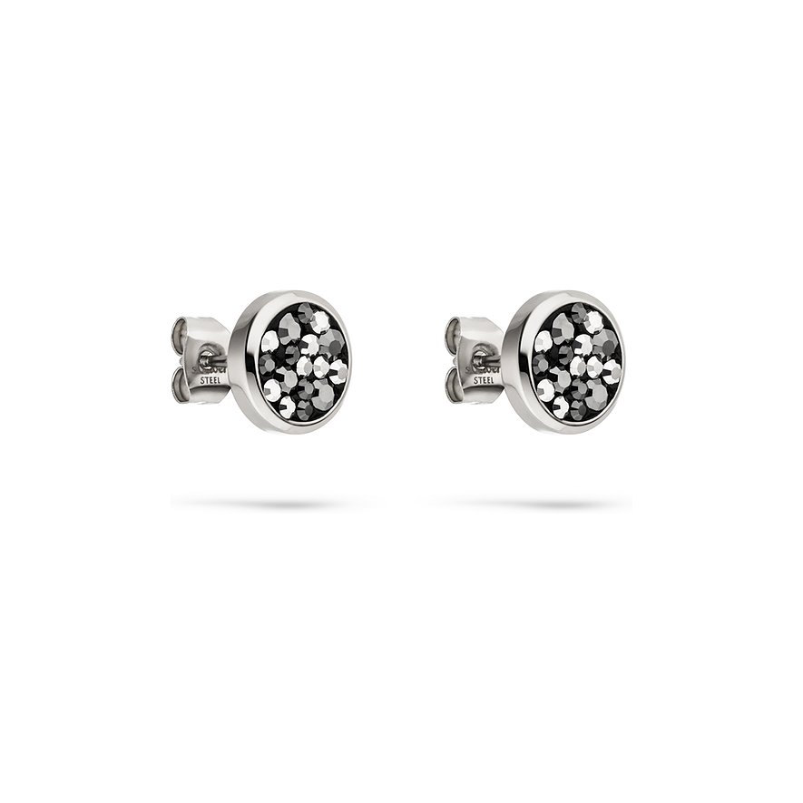 Zwei runde s.Oliver Ohrstecker aus glänzendem Silber, besetzt mit funkelnden Swarovski-Kristallen in dunklen Grautönen.