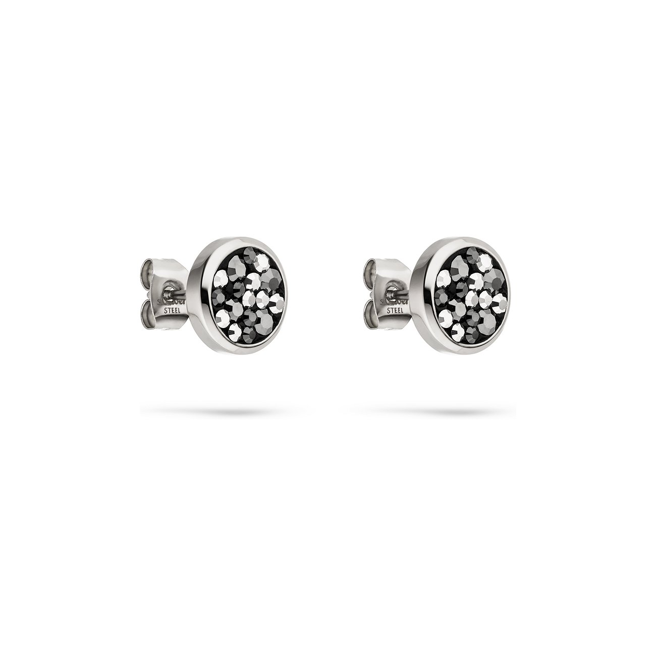 Zwei runde s.Oliver Ohrstecker aus glänzendem Silber, besetzt mit funkelnden Swarovski-Kristallen in dunklen Grautönen.