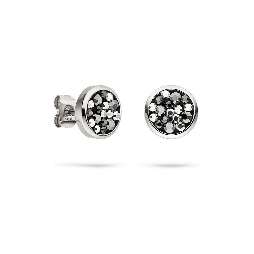 Die s.Oliver Ohrstecker aus Silber 925 zeigen runde Fassungen mit glitzernden anthrazitfarbenen Swarovski-Kristallen.
