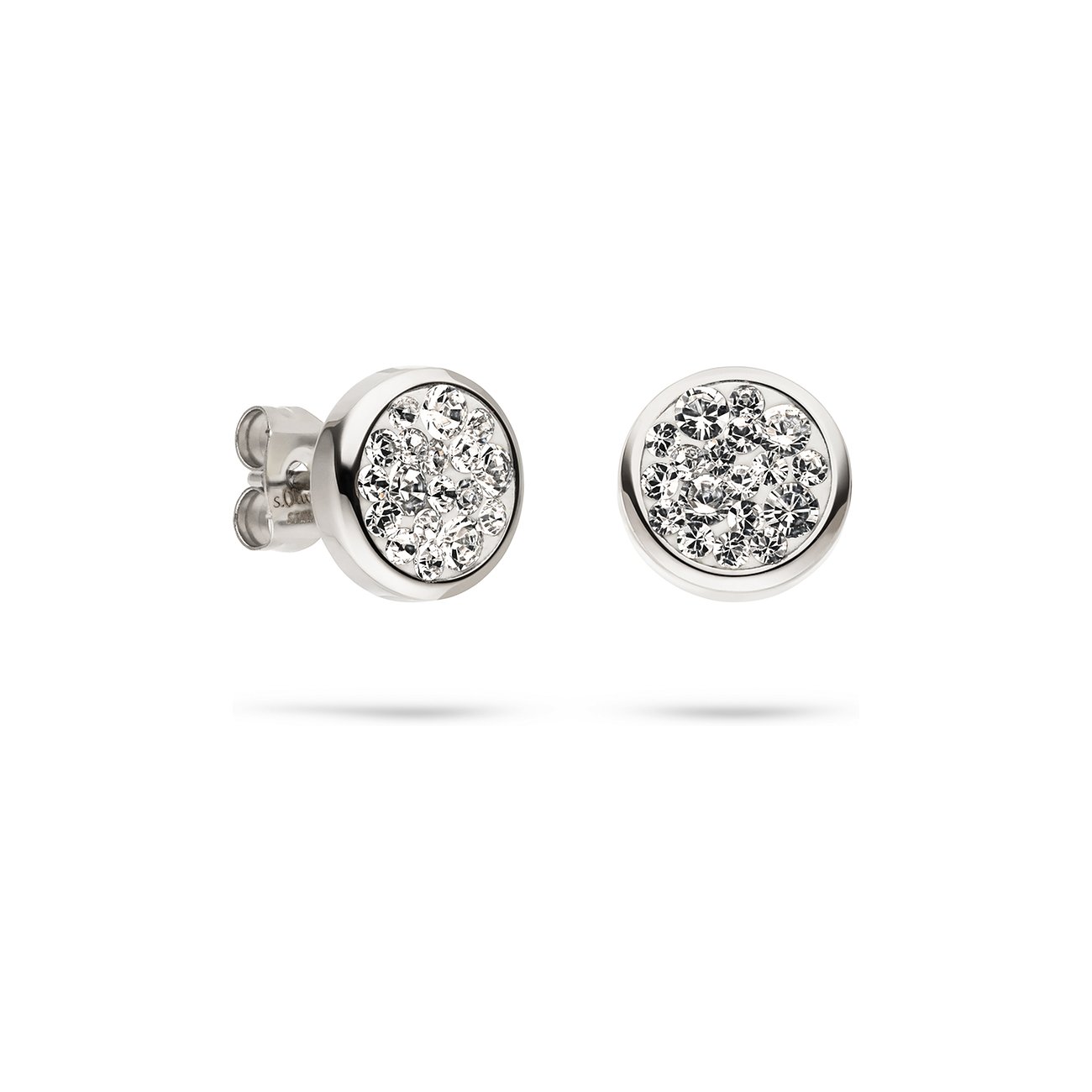 Ein Paar runder s.Oliver Ohrstecker aus 925er Silber, die Oberfläche mit funkelnden Swarovski-Kristallen besetzt.