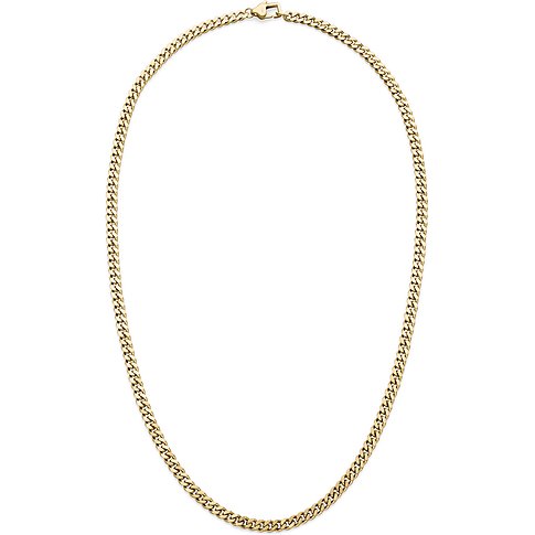 s.Oliver Halsschmuck aus goldfarbenem Edelstahl als schlichte, feingliedrige Kette von oben fotografiert.