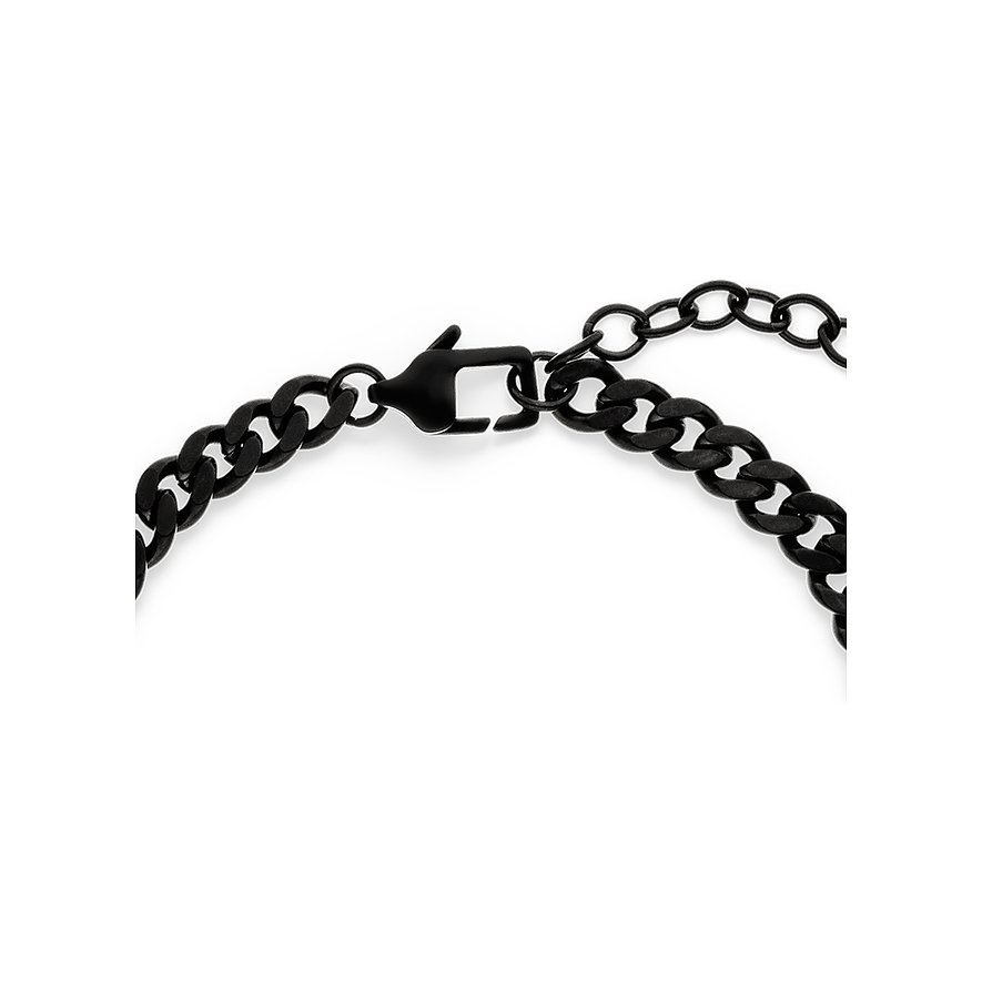 Nahaufnahme des Verschlusses eines s.Oliver Armschmucks aus schwarzem Edelstahl. Links: Panzerkette des Armbands.