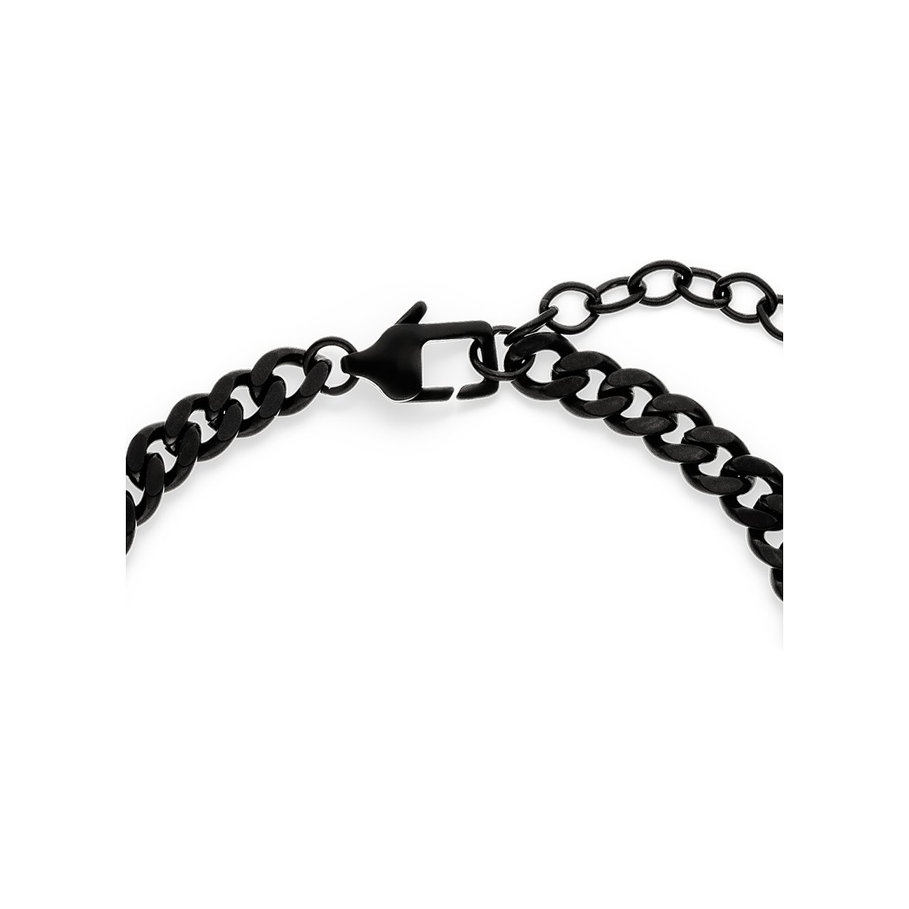 Nahaufnahme des Verschlusses eines s.Oliver Armschmucks aus schwarzem Edelstahl. Links: Panzerkette des Armbands.