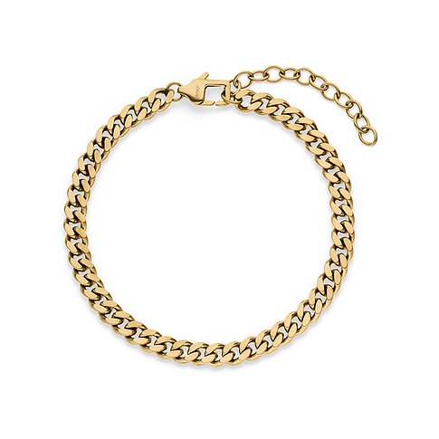 Et s.Oliver armbånd i gyldent rustfrit stål ligger som en åben ring på en hvid overflade.