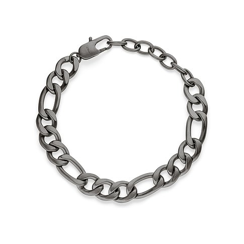 s.Oliver Armschmuck: Mattes, fast schwarzes Edelstahl-Gliederarmband, kreisförmig angeordnet, Karabinerverschluss sichtbar.