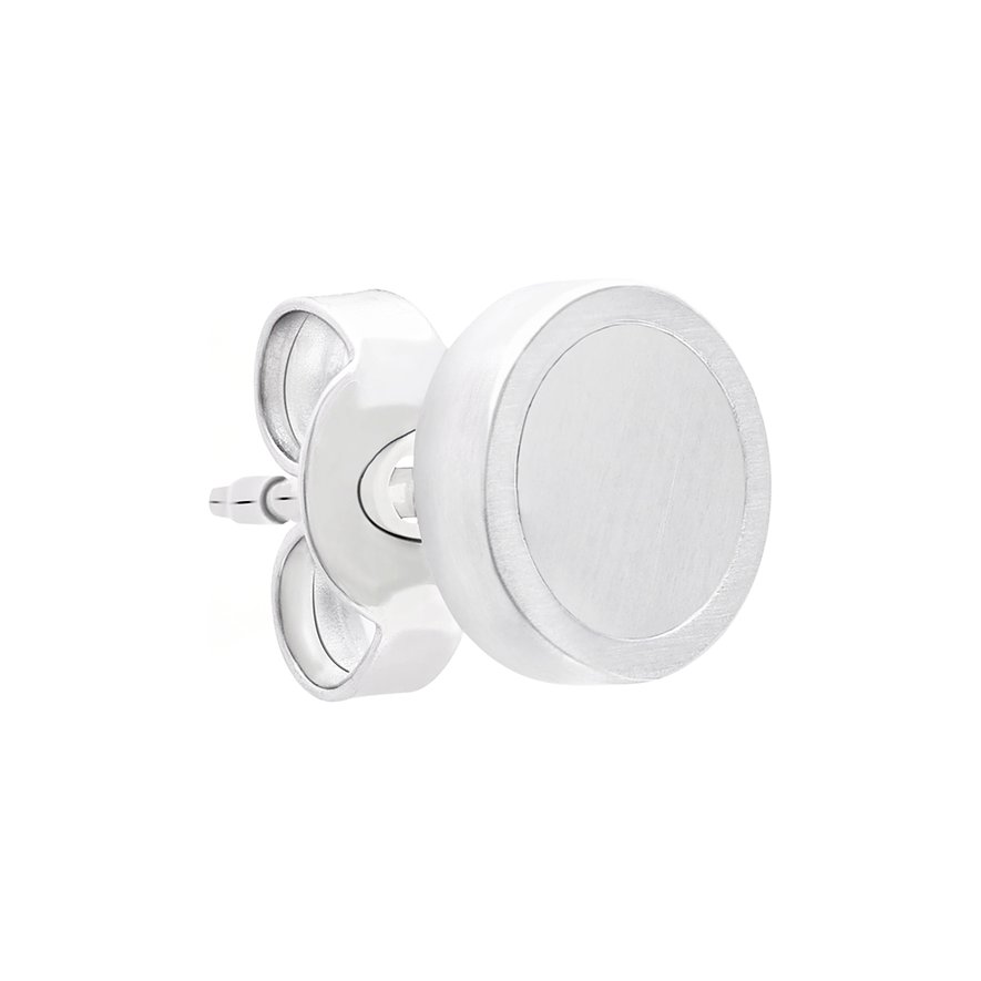 Une boucle d'oreille s.Oliver en acier inoxydable à surface ronde mate, vue de côté.