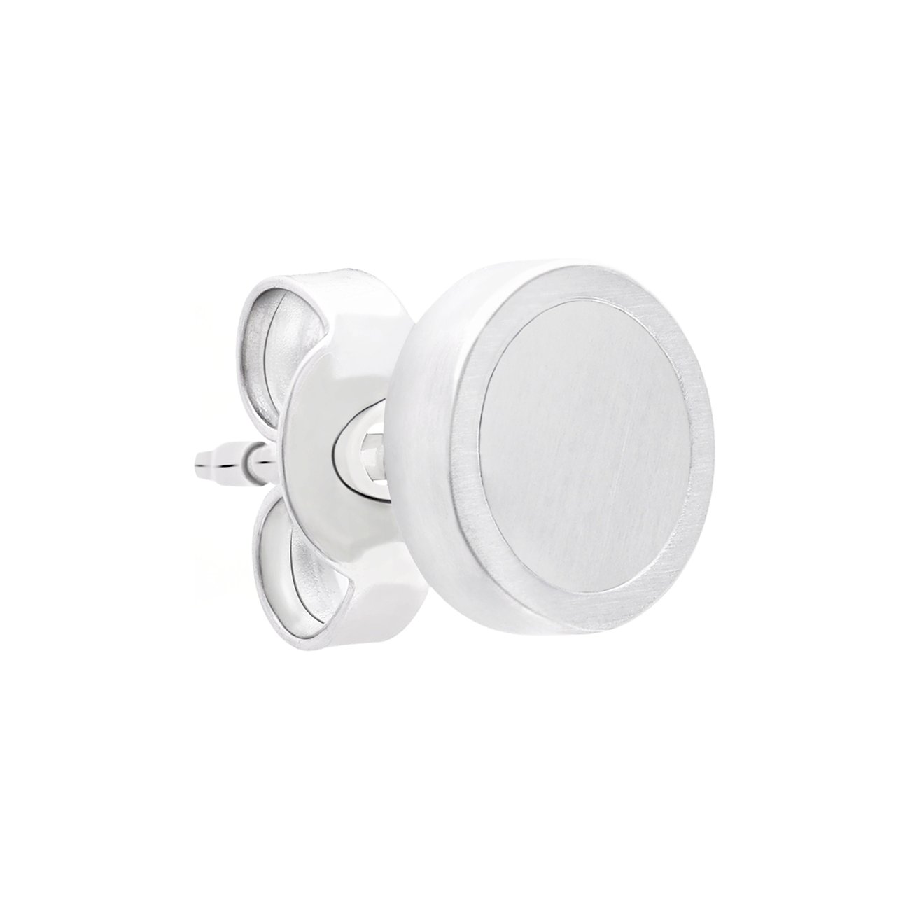 Une boucle d'oreille s.Oliver en acier inoxydable à surface ronde mate, vue de côté.